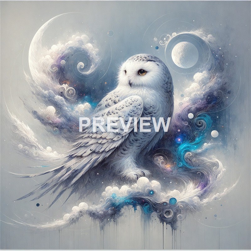 A surreal, artistic depiction of a white owl perched among swirling clouds, stars, and celestial bodies in a dreamy, cosmic scene.